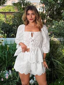 Flirla Plus Size Casual Solid Color Hollow Out Embroidery Top And Shorts Set - White - View 2