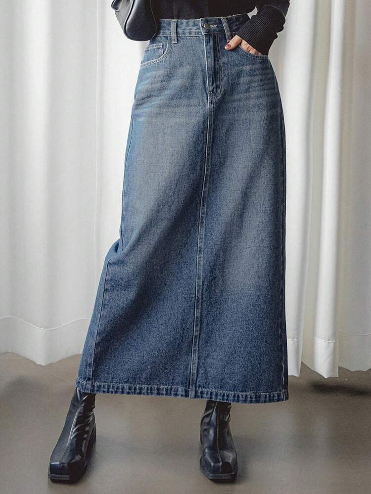 Women's Front Button Pocket Casual Denim Split Skirt Old Money Style Jeans Skirt Business Casual Woman