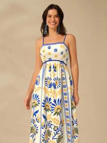 CAJUNI Women Vacation Spaghetti Strap Backless Selenipedium And Azalea Print Camisole Casual Summer Dress, Elegant And Graceful