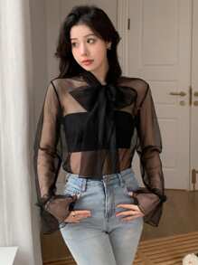 DAZY Women's Sheer Mesh Blouse With Front Tie-Up Going Out Tops,Ruffle Long Sleeve Top - Black - View 4
