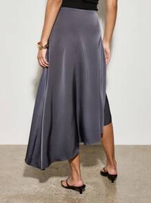 AiiRZ 缎面中长款不对称手帕下摆A字裙 晚宴派对婚礼宾客 夏季秋季时尚正式裙 - 黑色 - 查看 2