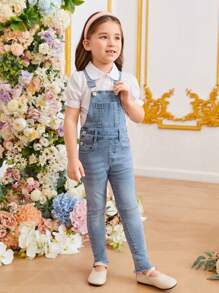 年輕女孩撕裂磨損補丁口袋牛仔背帶褲 - 淺色水洗藍 - 查看 4