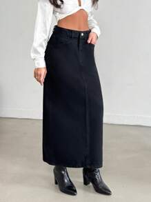 EURMUSE WOMEN LONG SKIRT WASHED BLACK SLIT DETAIL ON BACK - Black - View 5