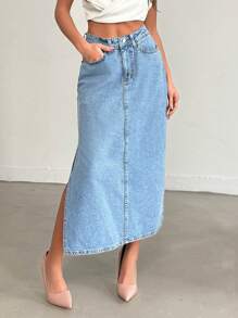 RueChic WOMEN HIGH WAIST SLIT DETAIL MIDI SKIRT - Medium Wash - View 3