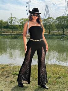 Flirla Plus Size Music Festival Patched Mesh Halter Jumpsuit, Boho, Hippie, Cowgirl, Old Money Style - Black - View 4
