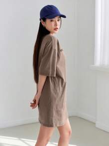 DAZY Slogan Graphic Drop Shoulder Tee Dress Sundress,Casual Women Dresses - Khaki - View 4