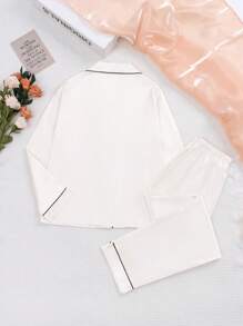 两件套少女香槟色纯色斜纹长袖上衣和裤子睡衣套装，春秋季少女缎面睡衣套装