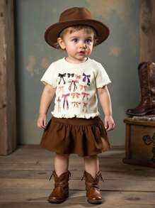 SHEIN Vintaside Kids Baby Girl Summer Korean Style Casual Bow Print Top And Woven Pleated Skirt Set