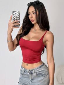 SHEIN EZwear Cami corto con recortes de encaje y espalda descubierta, unicolor sexy - Rojo - Ver 7