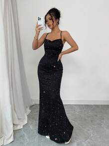 Elenzga Vestido de sirena con tirantes finos y espalda descubierta, con brillo y destellos, para ocasiones formales