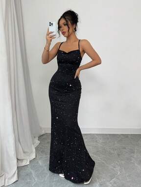 Elenzga Robe dos nu à bretelles spaghetti brillante et scintillante de style sirène pour occasions formelles