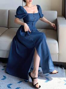 DAZY 女士方领泡泡袖牛仔上衣和半身裙套装 - 深色水洗藍 - 查看 1