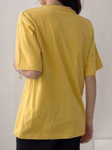 DAZY 女士夏季短袖字母圆领卡通印花T恤，线条图案可爱上衣、图案T恤、教师装 - 黃色 - 查看 5