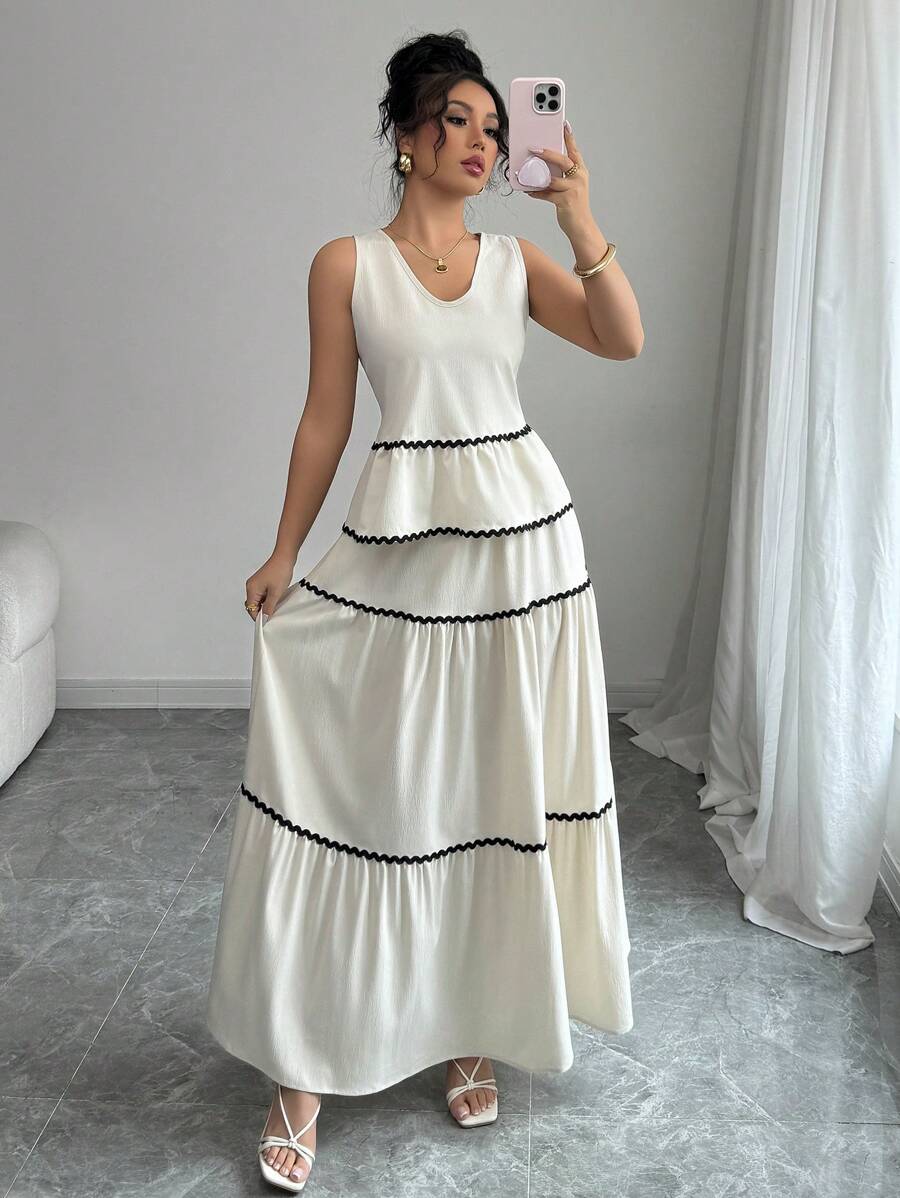 SHEIN Unity 女式复古简约撞色荷叶边吊带背心 + A 字裙 2 件套 - 杏色 - 查看 1