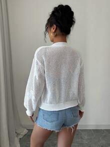 Chiquease 女士落肩常规休闲宽松圆领花卉镂空纽扣薄袖口和下摆春夏开衫 - 白色 - 查看 2