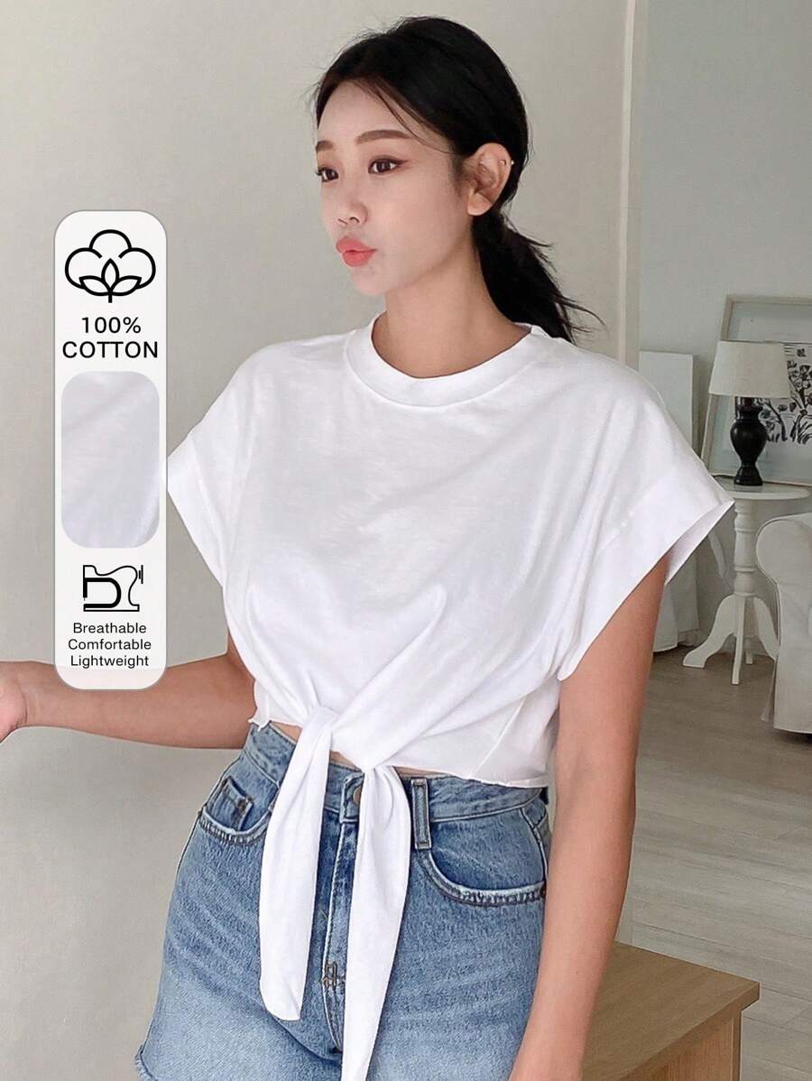 DAZY Camiseta Sólida Con Nudo En Dobladillo - Blanco - Ver 1