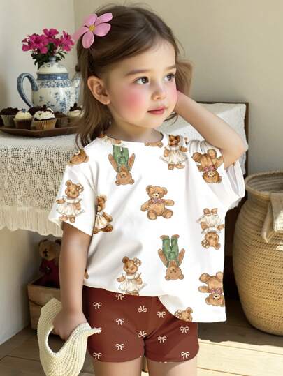 SHEIN Leap Crew 2pcs/Set Young Girl Casual Cute Bear Print & Bow Short Sleeve Top And Shorts Set, Summer