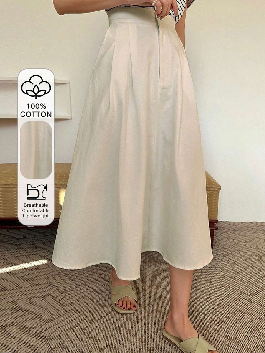 DAZY 纯色简约纽扣中长裙，休闲度假风 - 卡其色 - 查看 1