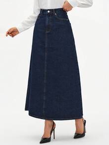 EURMUSE Elegant Academic-Style Vintage Denim Pocket A-Line Maxi Skirt For Women - Dark Wash - View 5