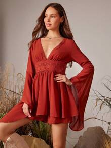 WESTFADE V Neck Fit And Flare Lace Trim Bell Sleeve Romper Spring Summer Outfit - Rust Brown - View 3