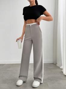 SHEIN PETITE Petite Women Side Striped Detailed Wide Leg Pants - Grey - View 1