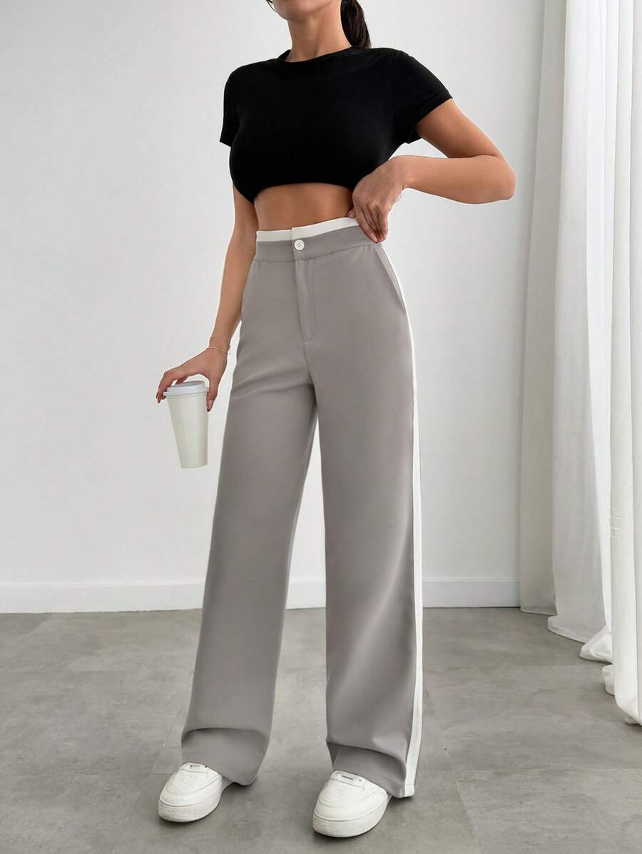 SHEIN PETITE Petite Women Side Striped Detailed Wide Leg Pants - Grey - View 1