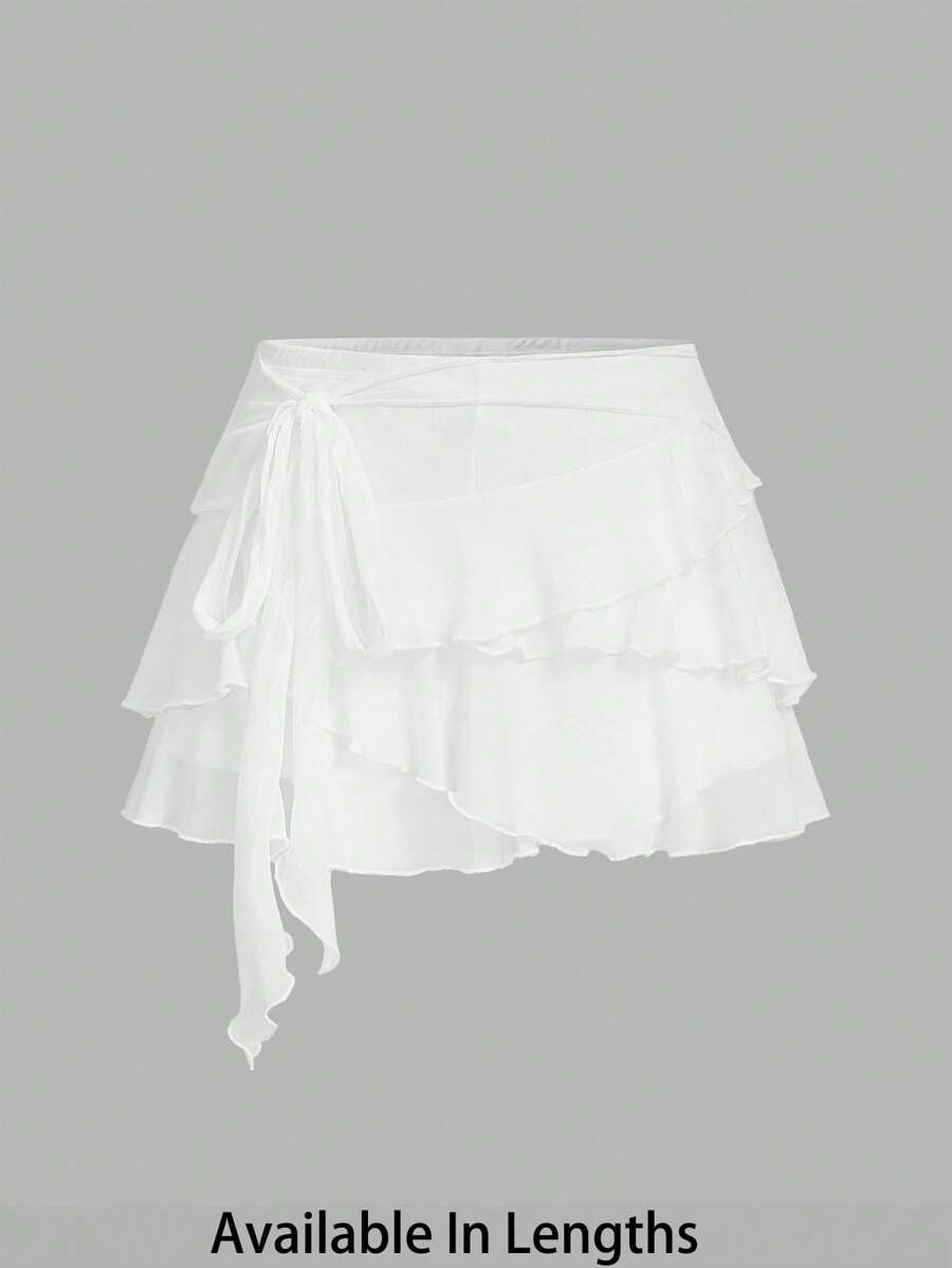 SHEIN PETITE CURVE Plus Size Women's Multi-Layer Ruffle Trim Low Rise Y2K Mini Black Skirt