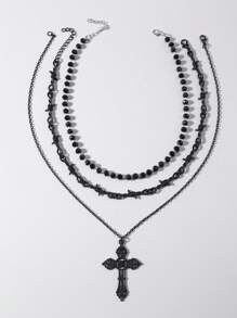 ROMWE Goth 3pcs/Set Gothic Dark Personalized Glass Crystal Black Beaded Vintage Hip Hop Thorns Cross Pendant Necklace, Suitable For Women & Men Daily Wear