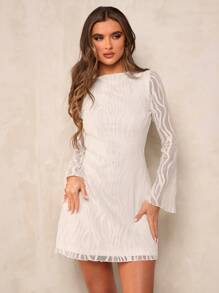 SHEIN BAE Vestido corto de mujer elegante con encaje transparente, puños de encaje con estampado de cebra y mangas de campana, sexy y atractivo, apropiado para festivales de música, carnavales, conciertos y salidas, con estilo bohemio - Beis - Ver 5