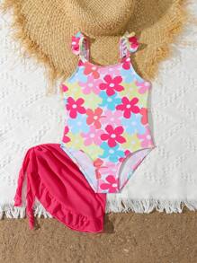 Traje de baño una pieza con falda cubrembreras y volantes con estampado floral para niña, patrón impreso al azar