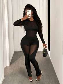 BamGleam 长袖网眼拼布紧身衣，合身又性感 - 黑色 - 查看 1