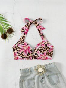 Swim Lushoire 2025 Spring Break Vacation Leopard And Floral Print Halter Bikini Top For Summer - Multicolor - View 4