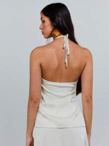 Athîral Camiseta de mujer de unicolor con cuello halter plisado versátil y de moda - Champán - Ver 2