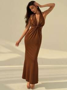 Aloruh Elegant Cross Front Twist Design Sexy Open Back Mesh Patchwork Maxi Stretchy Fitted Fishtail Dress - Brown - View 5