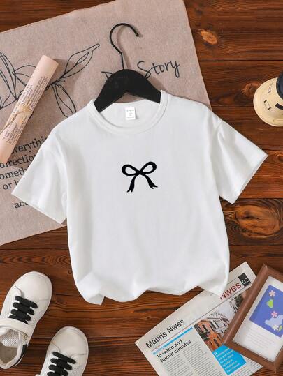 Sparklyn Tween 女童休闲可爱简约蝴蝶结装饰圆领短袖 T 恤，夏季