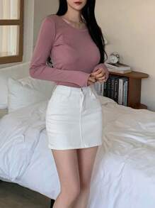 DAZY 女士帶口袋的牛仔裙 - 白色 - 查看 5