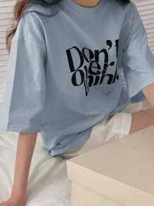 DAZY 字母图案落肩T恤 Don't Over Think 超大T恤 - 霧霾藍 - 查看 7
