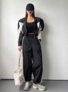 DAZY 2pcs Women Contrast Color Block Long Sleeve Drawstring Front Zip Jacket And Pants Suit,Fall Clothes Lounge Sets For Women - Black and White - View 9