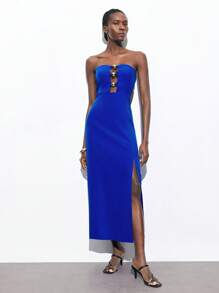 Maija Vestido tubo negro elegante y casual de estilo urbano chic, con la cintura ceñida y decoración dorada redonda, adecuado para festivales de música, vacaciones en la playa, uso casual diario, escapadas románticas en la ciudad, eventos, bodas y graduaciones - azul real - Ver 7