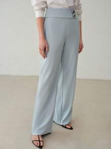 SHEIN x PRISCILA & JIMENA MOTF PREMIUM METAL STRAIGHT LEG SUIT PANTS - Dusty Blue - View 5