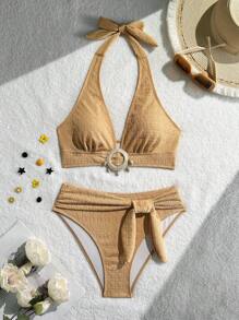 Swim Vcay Springbreak Solid Color Halter Bow Bra & Triangle Panty Bikini Set For Summer Beach Vacation - Brown - View 3