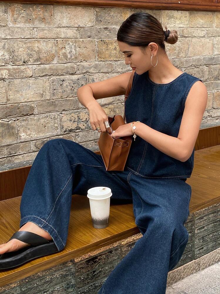 Livesso Conjunto de chaleco holgado de unicolor con cuello redondo y pantalones vaqueros holgados con bolsillo, estilo casual, para mujer - Azul lavado oscuro - Añade 5