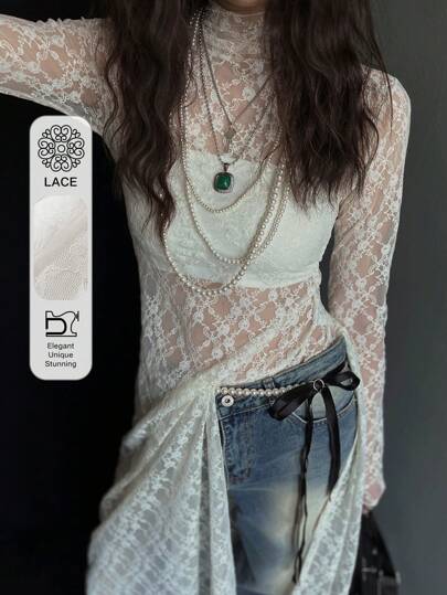 DAZY 女式高领蕾丝透视长开叉下摆衬衫，白色，春夏节日透明长袖女式上衣