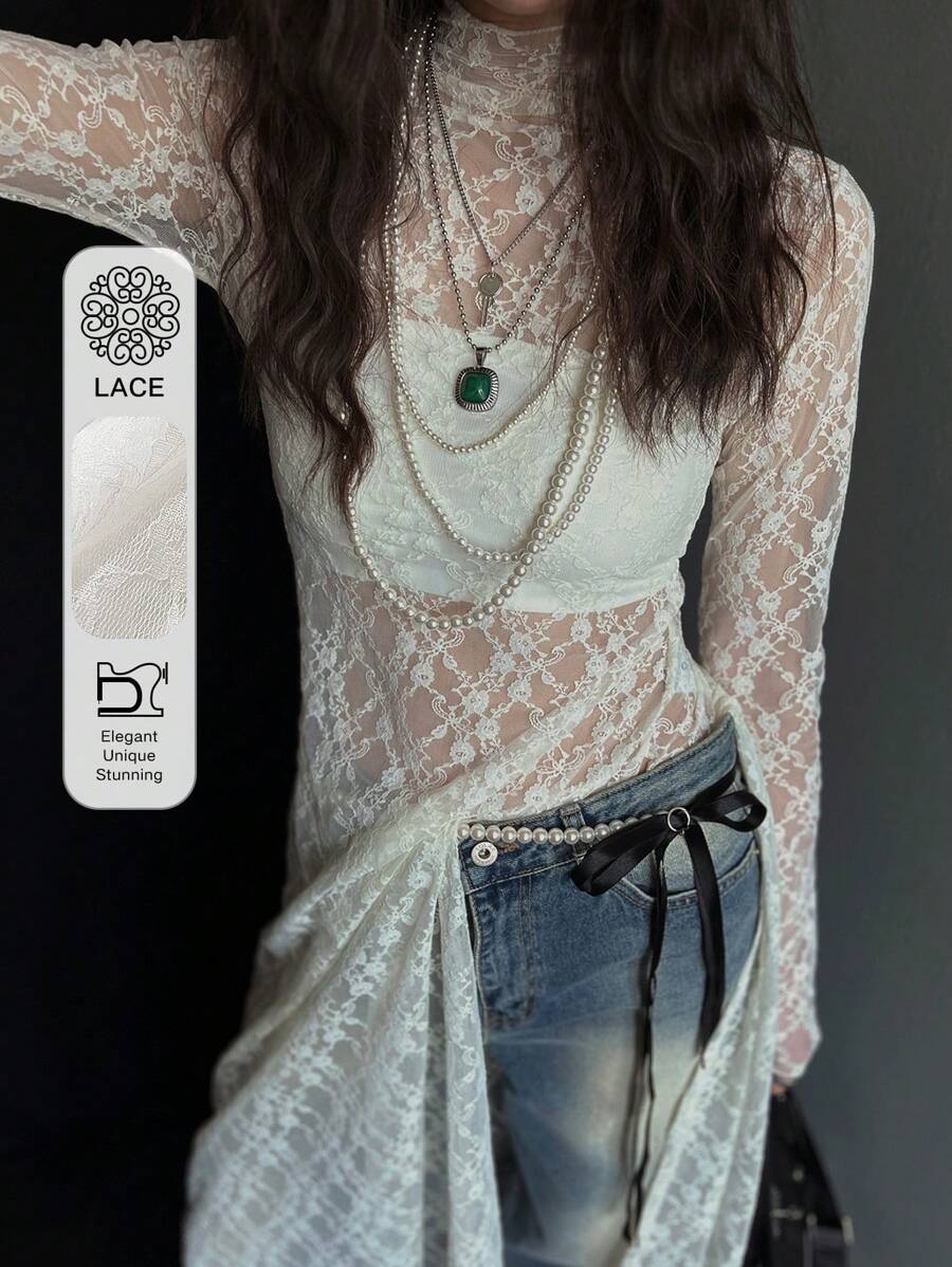 DAZY 女式高领蕾丝透视长开叉下摆衬衫，白色，春夏节日透明长袖女式上衣 - 白色 - 查看 1