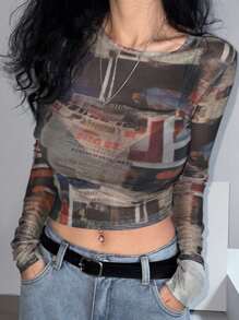 DAZY 女士网眼印花修身短款上衣，节日花朵度假海滩装，春夏长袖女上衣，秋季女装 - 彩色 - 查看 6