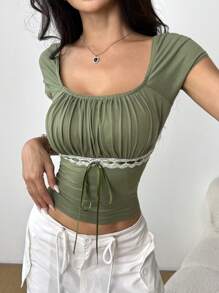 SHEIN EZwear Summer Casual Contrast Color Lace Trim Tie Neck Slim Fit T-Shirt