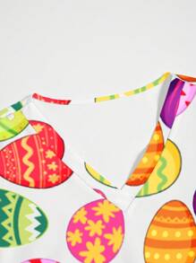 PopScrub V-Neck Easter Egg Print Short Sleeve Scrub Top