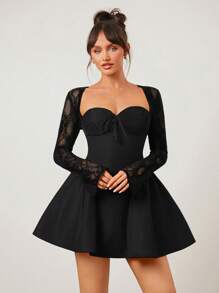 SHEIN SXY 大码女式甜心领撞色蕾丝长袖前系带优雅连衣裙 - 黑色 - 查看 3