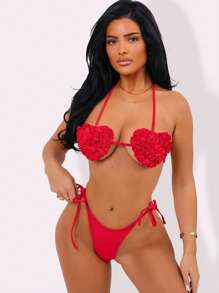 SHEIN Swim Beach Outfits For Women, Solid Color Handmade 3D Flower Sexy Bikini Set For Summer Beach Vacation - Red - View 3