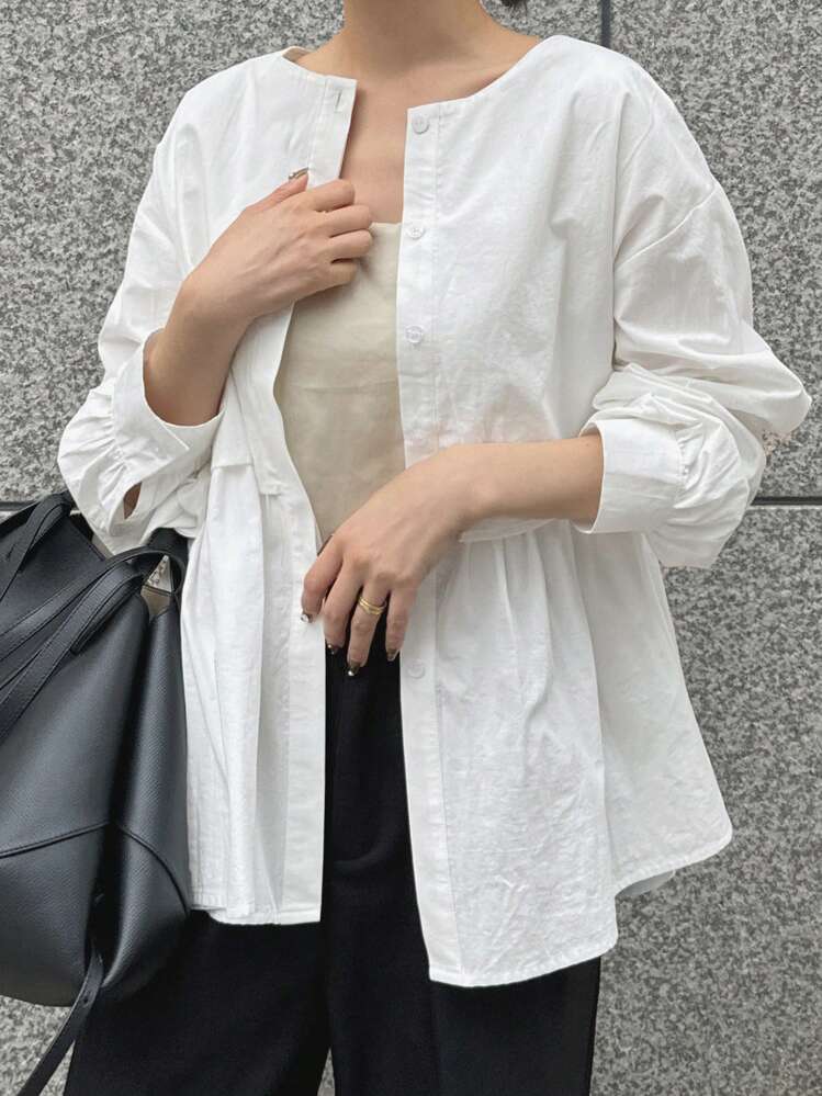 FRIFUL Blusa casual holgada de un solo pecho con cuello de volantes y hombros caídos de unicolor para mujer, otoño - Blanco - Añade 3